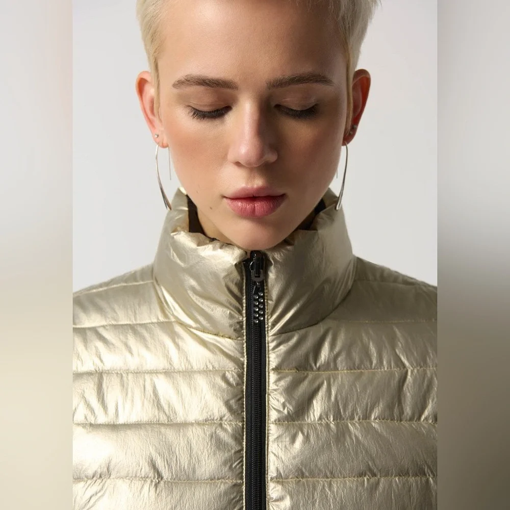 Joseph Ribkoff Reversible Quilted Gold Metallic Puffer Vest Size Large EUC